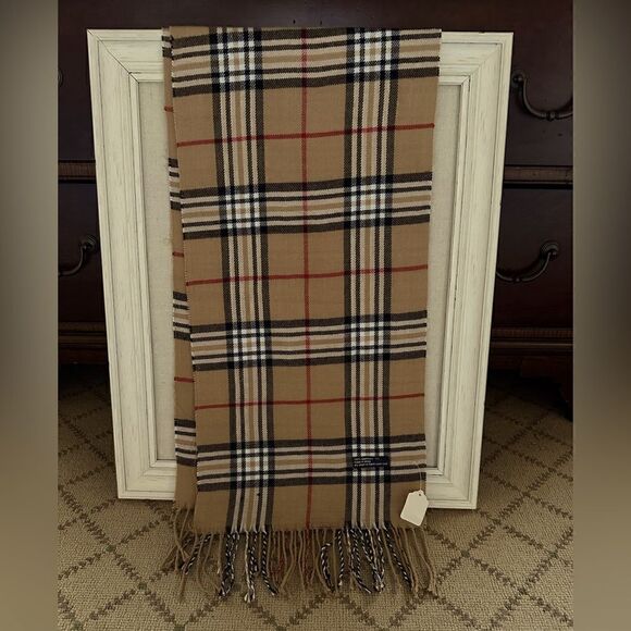 Scarf Muffler with camel, black, and red striped plaid design with fringe - Picture 1 of 4